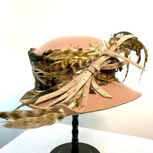 Brown wool Whittall and Shon hat with feather and rhinestone accents!